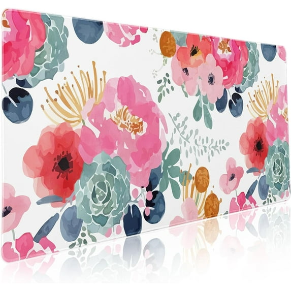 Pink Green Flowers Gaming Mouse Pad XXL Cute Watercolor Floral Pretty Extended Trendy Pastel Large Mousepad