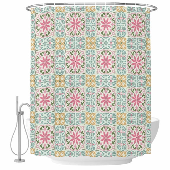Pink Green Flowers Shower Curtain Set - 72" x 78" Washable Bathtub Curtain with 12 Hooks, Country Botanical Abstract Floral Patterned Waterproof Fabric Shower Curtains for Bathroom/Bathtub Décor