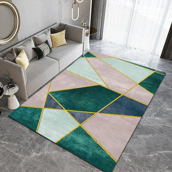 Pink Green Geometric Gold Line Area Rugs Nordic Light Luxury Marble Living Room Carpet Indoor Non Slip Rug Sofa Bedroom Home Decor Floor Mats 5x7 Non-slip Washable Soft Modern