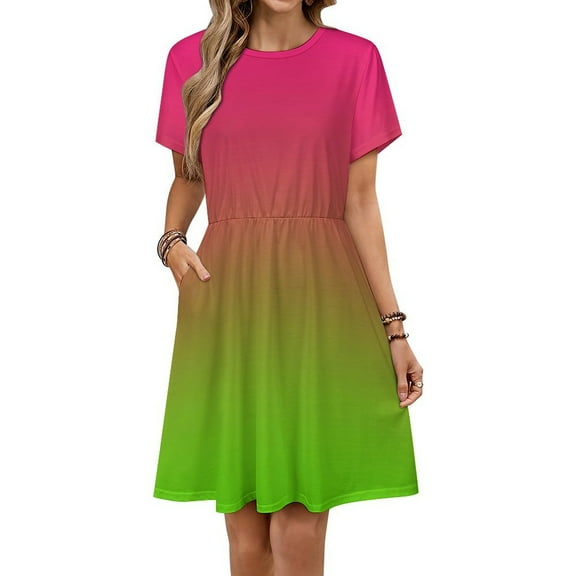 Pink Green Gradient Short Sleeve Dress Women Summer Evening Dresses Ladies Sundress