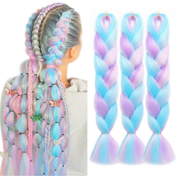 Pink and Green Jumbo Braiding Hair 3Packs 24in Colorful Braiding Hair Pre Stretched Fluorescent Green Ombre Braiding Hair for Girls #Rouge pink-Sky blue-Light green