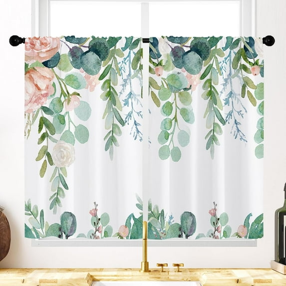 Pink Green Kitchen Curtains Watercolor Floral Bathroom Curtains Flower Eucalyptus Leaves Botanical Spring Plant Cafe Short Small Patterned Curtain Window Treatment Tiers Drapes 27.5x39