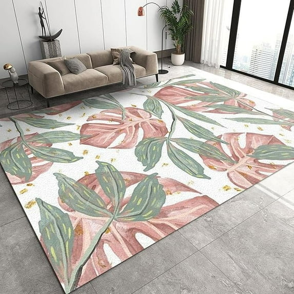 Pink Green Leaf Large Area Rug For Living Room, Cartoon Tropical Indoor Rugs, Bedroom Rugs Durable Non-Slip Machine Washable For Bedroom Apartment Home Decor Baby Room 3 x 5ft