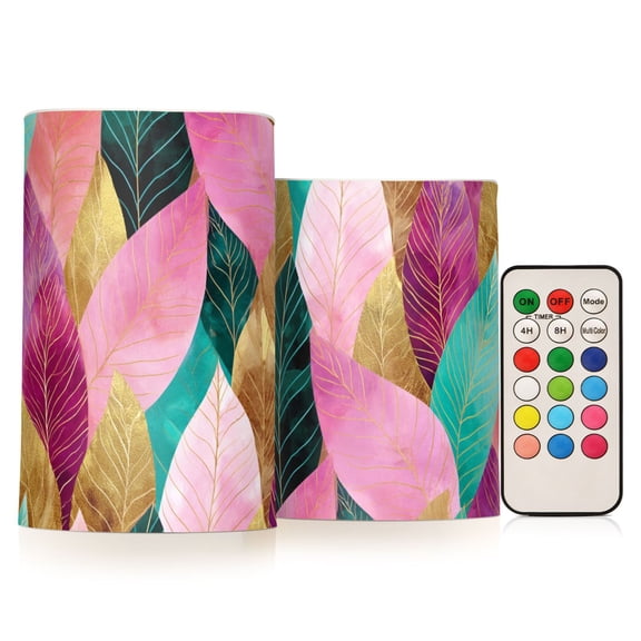 Pink Green Leaves Flickering Flameless Candles Battery Operated with Remote Timer LED Pillar Candles Set of 2