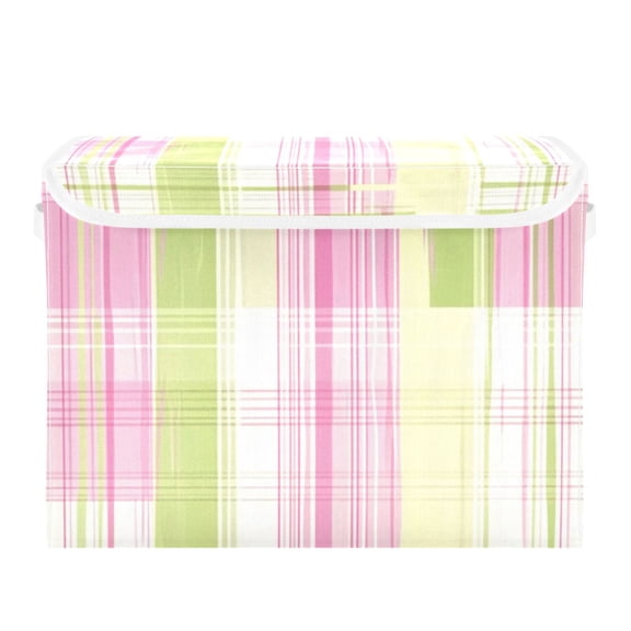 Pink Green Lines Large Storage Bins with Linen Collapsible Lid Storage Box 16.7 x 12.6 x 11.8in