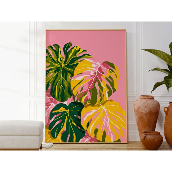 Pink Green Monstera Leaf Wall Art Print