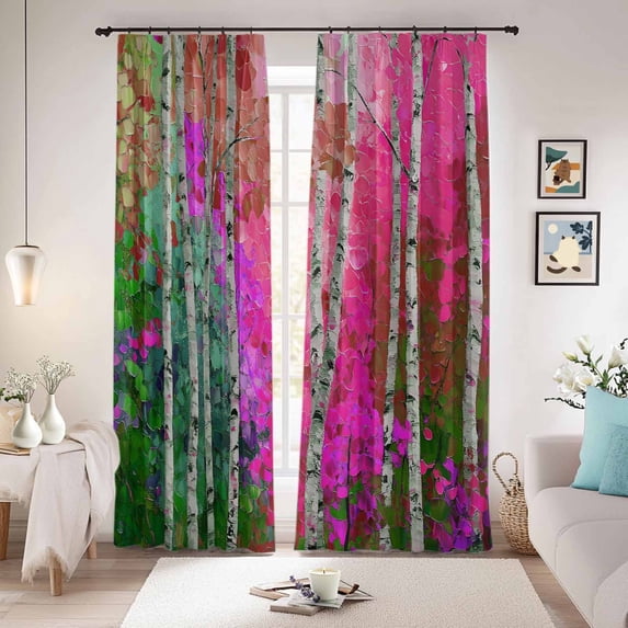 Pink Green Oil Painting Blackout Curtains for Bedroom/Living Room, Pinch Pleated Black Out Curtains, Modern Abstract Summer Botanical Room Darkening Window Drapes with Hooks 2 Panels, 59"x70"