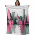 thumbnail image 1 of Pink Green Oil Painting Blanket Soft Cozy Warm Throw Blanket for Couch, Plush Fuzzy Flannel Fleece Blankets for Sofa, Modernism Minimalist City Bed Blankets Lightweight Gifts for Women, 32"x48", 1 of 9