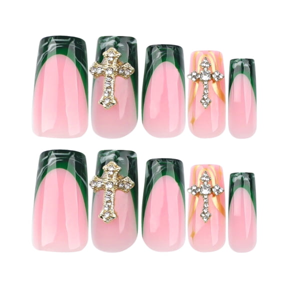 Pink Green Ombre French Press on Nails, Medium Coffin Glossy False Nails with Gold Line & Rhinestone Cross, 24 Count