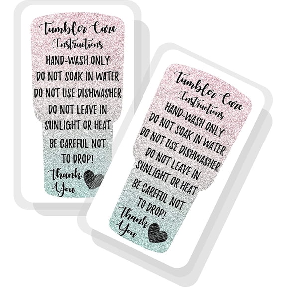 Pink/Green Ombre Glitter Handmade Tumbler Care Instruction and Cleaning Card Printed 50 Pack Bulk Tumbler Cards in Box For Vinyl, Glitter, Decals, Crafters, Epoxy, Resin