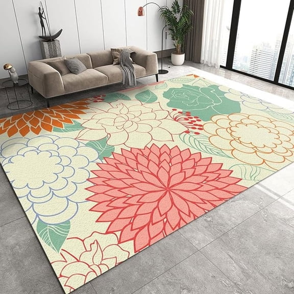 Pink Green Orange Flowers Area Rugs, Watercolor Line Art Flowers Soft Washable Carpet, Upholstery Rug With Non-Slip Backing For Kids Boys Girls Bedroom Living Room Dining Room 2x3ft