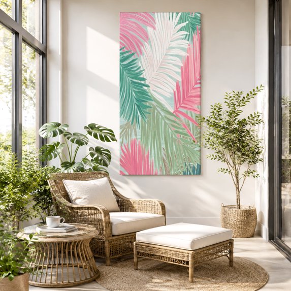 Pink Green Palm Leaves Canvas Wall Art for Living Room Bedroom Bathroom, Summer Tropical Botanical Coastal Canvas Art Wall Decor, Artwork for Walls Home Office Decor, 24"x48"