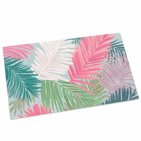 Pink Green Palm Leaves Door Mat 16x24 Inch Summer Tropical Botanical Coastal Entryway Rug with Non-Slip Rubber, Front Door Mat Indoor Floor Mats for Living Room Bathroom Bedroom Home Office