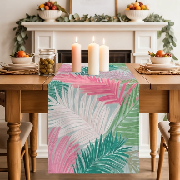 Pink Green Palm Leaves Table Runner, Summer Tropical Botanical Coastal Washable Cotton-linen Table Runners Dining Kitchen Decoration for Everyday Home Wedding Party Decor, 13 x 36 Inch