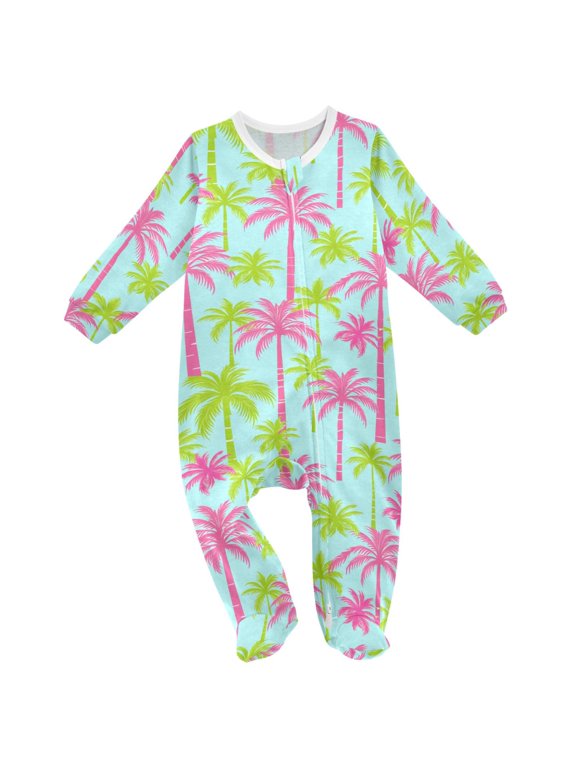 Pink Green Palm Tree Baby Sleeper One-Piece Footies Newborn Roomper 12Months