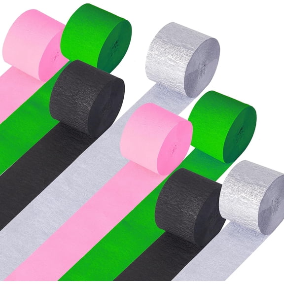 Pink Green Party Decorations, Crepe Paper Streamers Kit 8 Rolls 656ft, Wicked Party Decorations, Pink Green Black Silver Streamers Bulk for Boys Girls Birthday Decor