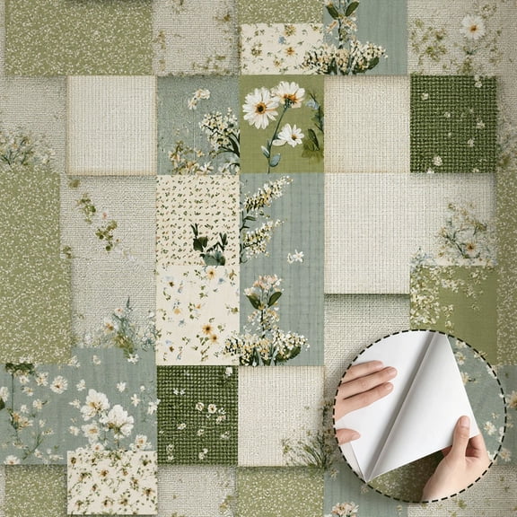 Pink Green Patchwork Floral Wallpaper Vintage Farmhouse Aesthetic Peel and Stick Waterproof Wallpaper Home Decor for Bedroom Living Room Kitchen Cabinet Drawer Dorm Room 17.7 * 78.7 in