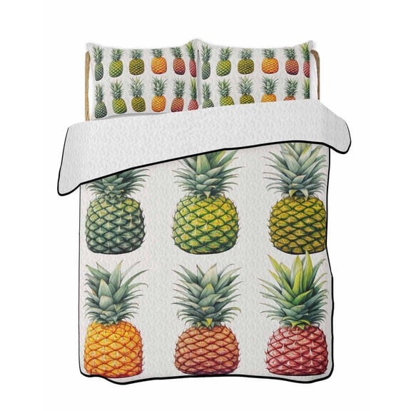 Pink Green Pineapple Quilts Bedding Set California King Gradient Watercolor Fruit Lightweight Quilted Bedspread 3 Piece Bed Quilt with 2 Pillow Shams All Season for Bedroom 96" x 106"