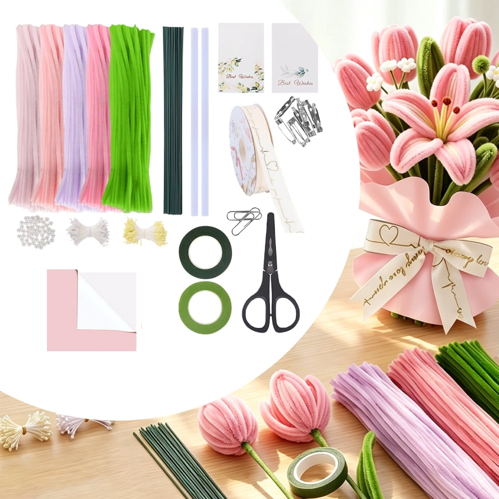 Pink & Green Pipe Cleaners for DIY Flowers & Crafts – 500 PCS 5 Colors Chenille Stems with Glue Guns & Tape Measure – Perfect for Family Fun & Creativity, Holiday & Room Decorations