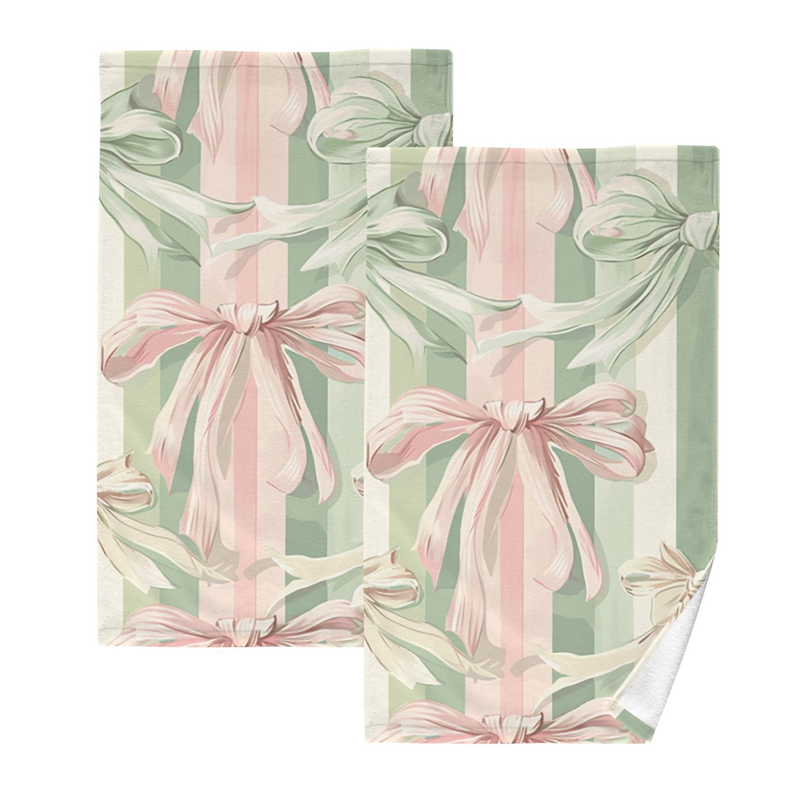Pink Green Ribbons Stripe Hand Towels Cotton Bath Towels Large Face Towels Absorbent for Bathroom 2 Packs