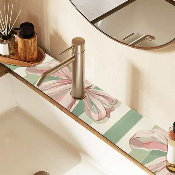 Pink Green Ribbons Stripe Sink Splash Guard Faucet 30x5.4in Drying Mat Drying Mat Absorbent Pad for Bathroom Kitchen 1PCS
