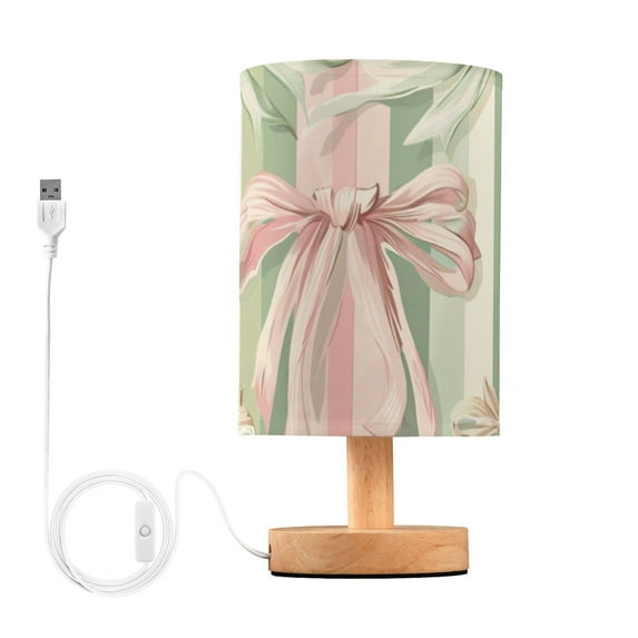 Pink Green Ribbons Stripe Table Lamp USB Bedside Desk Nightstand Lamp Printed Gifts Small Lamp Wood Base for Bedroom Living Room Kids Room College Dorm