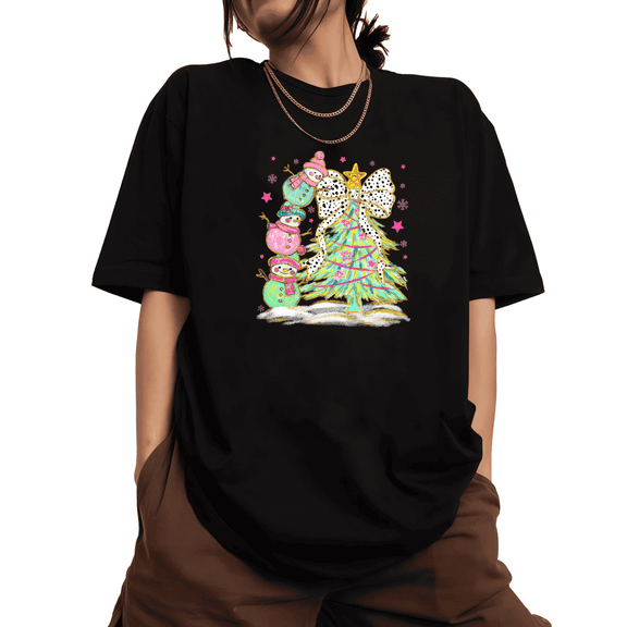 Women's 2026 Fun Christmas T-Shirt - Colorful Stacked Snowmen Leopard Bow Tree Graphic Short Sleeve Festive Tops