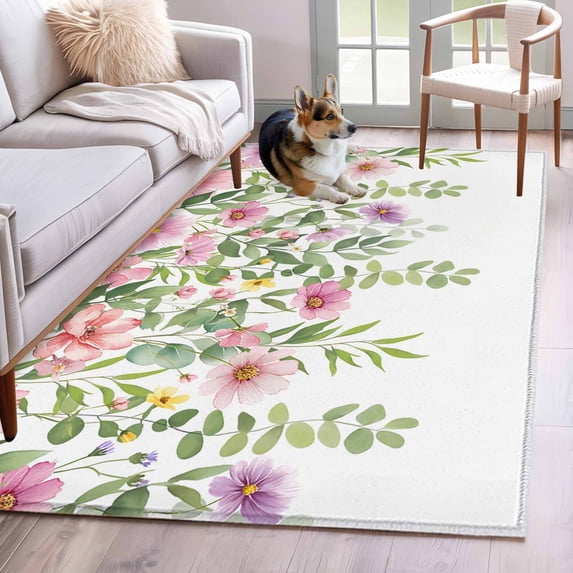 Pink Green Spring Area Rug 4x6 Washable Rug Non Slip Floral Eucalyptus Leaves Watercolor Plant Large Area Rug Indoor Floor Carpet for Entryway Bedroom Kitchen Living Room Home Office Dining Room