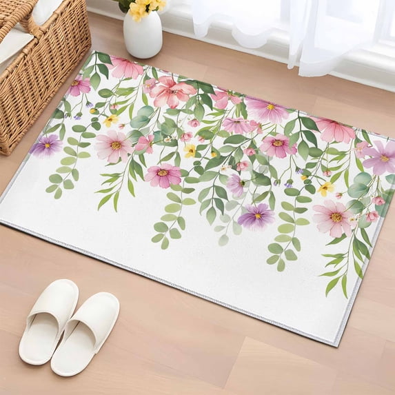 Pink Green Spring Bathroom Rug Washable 2x3 Entryway Rug Non Slip Floral Eucalyptus Leaves Watercolor Plant Front Door Mat Low Pile Indoor Doormat Throw Floor Carpet for Kitchen Bedroom Entrance