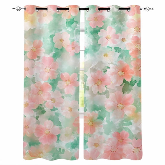 Pink Green Spring Floral Blackout Curtains for Bedroom Living Room Darkening Curtains 63 Inches Long Watercolor Summer Botanical Window Curtain 2 Panels Set Window Treatment Grommet Drapes 42"x63"