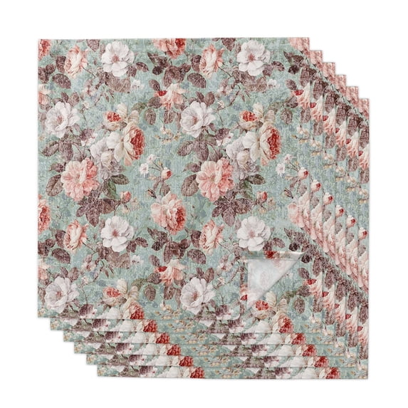 Pink Green Spring Floral Cloth Napkins, Vintage Botanical Summer Washable and Reusable Dinner Napkins Set of 6, Table Napkin for Kitchen Party Birthday Wedding Hotel Housewarming 20"x20"