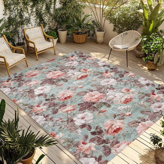 Pink Green Spring Floral Outdoor Rug 4x6 Ft - Reversible Patio Rug Outdoor Camping Rugs, Vintage Botanical Summer Washable Indoor Outdoor Area Rugs, Non-Slip Outdoor Carpet Runner for Deck/Porch