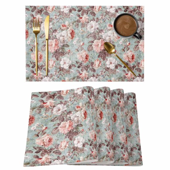 Pink Green Spring Floral Placemats Set of 4, Vintage Botanical Summer Placemats for Dining Table, Place Mats for Kitchen Tabletop, Waterproof Wipeable Dining Table Mats Set