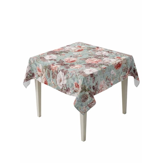 Pink Green Spring Floral Table Cloth, Waterproof Tablecloth for Square Tables, Vintage Botanical Summer Reusable Washable Fabric Table Cover for Restaurant Kitchen Dining Tables 60"x60"