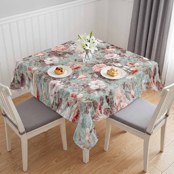 Pink Green Spring Floral Table Cloth Waterproof Tablecloths, Vintage Botanical Summer Tablecloth Dining Table Cover for Kitchen Party Tabletop Outdoor, Square Tablecloth 54x54 Inch