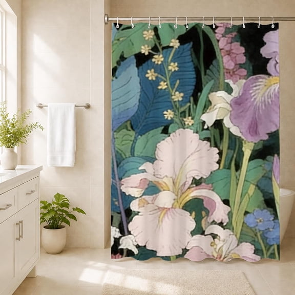 Pink Green Spring Flowers Leaves Waterproof Shower Curtain with Hooks, Machine Washable, for Bathroom