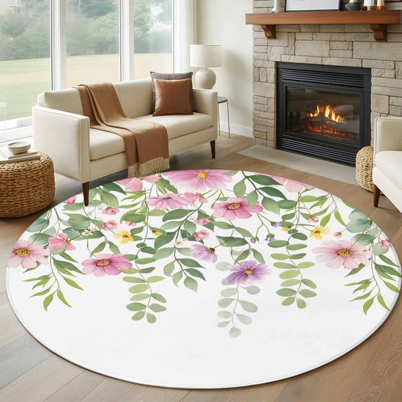 Pink Green Spring Round Area Rug 5Ft Washable Circle Rugs for Living Room Bedroom, Floral Eucalyptus Leaves Watercolor Plant Non-Slip Carpet Floor Mats Indoor Outdoor Carpet Runner Home Decor