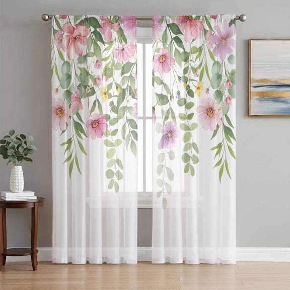 Pink Green Spring Sheer Curtains 84 Inch Length 2 Panels Set, Floral Eucalyptus Leaves Watercolor Plant Voile Window Treatment Curtains Sheers Drapes for Bedroom/Living Room/Kitchen 52"x84"x2