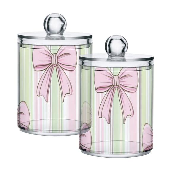 Pink Green Stipes with Bows Translucent Plastic Cans Storage Canisters with Lid Set of 2