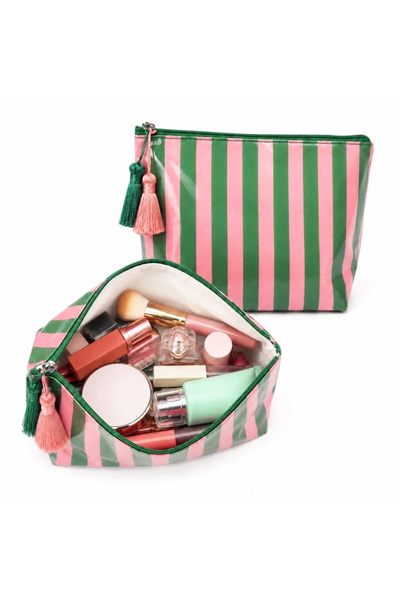 Pink Green Striped Makeup Bag, Water Resistant Cosmetic Pouch with Zipper, Travel Toiletry Organizer