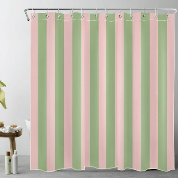 Pink and Green Striped Shower Curtain for Bathroom Modern Abstract Minimalist Vertical Stripe Shower Curtain with 10 Hooks Vintage Aesthetic Bathroom Curtains Shower Set 72x60 Inch