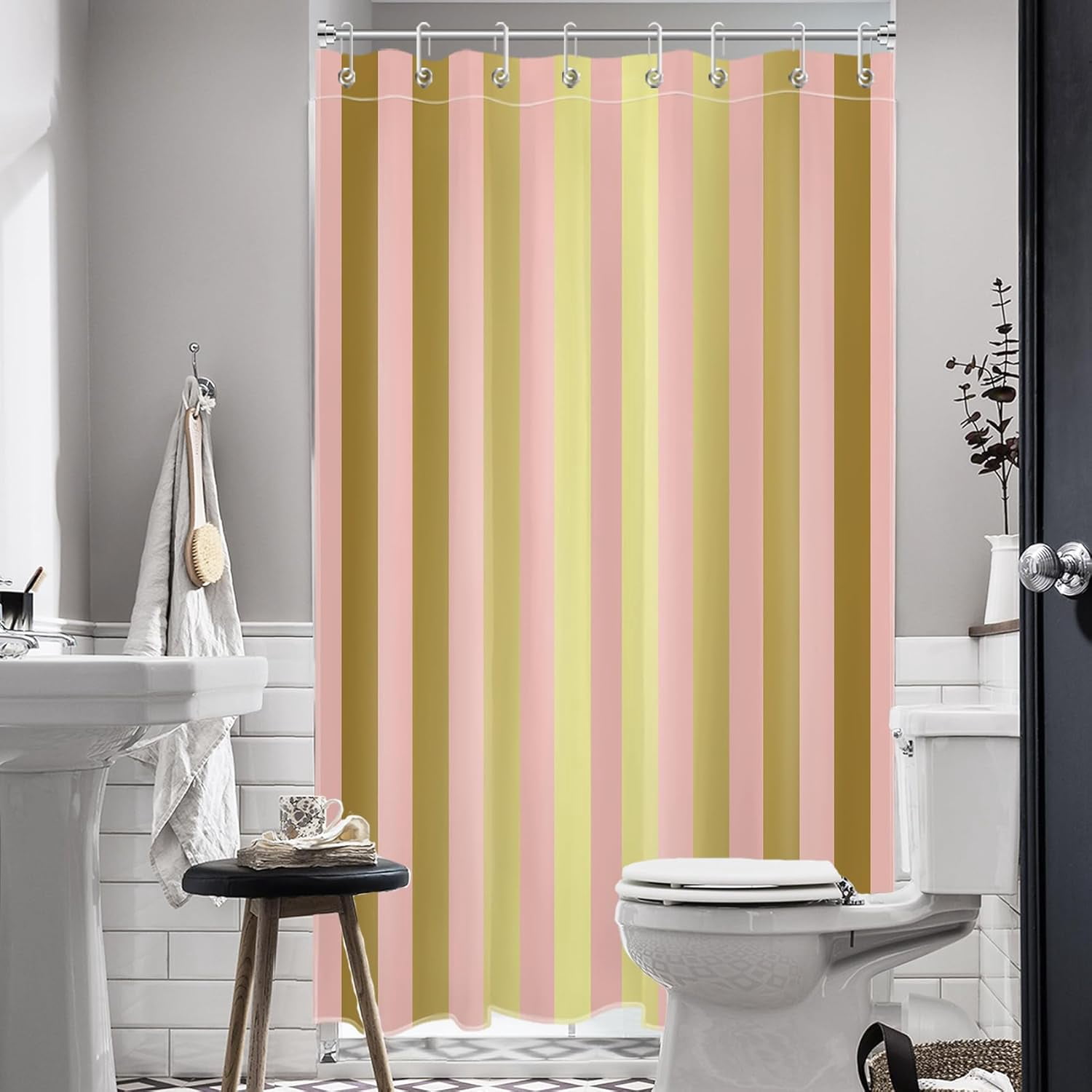 Stripe Shower Curtain Pink and Green Striped Shower Curtain for Bathroom Modern Abstract