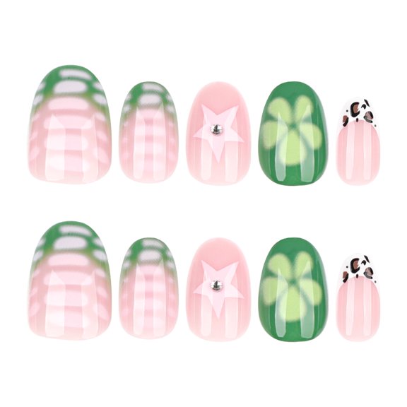 Pink Green Striped Star Clover Leopard Print Press on Nails, Medium Almond Glossy False Nails with Rhinestone Accent, 24 Count