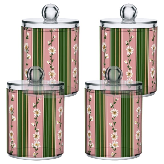 Pink Green Stripes with Small White Flowers Translucent Plastic Cans Storage Canisters with Lid Set of 4