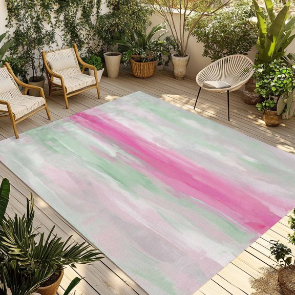 Pink Green Sunset Outdoor Rug for Patio/Deck/Porch, Non-Slip Large Area Rug 3 x 5 Ft, Modern Abstract Art Seaside Indoor Outdoor Rugs Washable Area Rugs, Reversible Camping Rug Carpet Runner