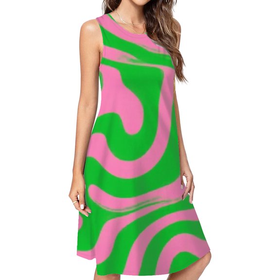 Pink Green Swirl Abstract Design Spring Summer Dresses For Women Fashion Dress Casual Sleeveless Loose Sundress With Pockets