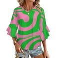 thumbnail image 1 of Pink Green Swirl Abstract Design Women's V-Neck Blouse With 3/4 Ruffled Bell Sleeves Casual Top Ladies Blouses, 1 of 7