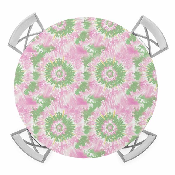 Pink Green Tie Dye Elastic Fitted Round Table Cover Ombre Abstract Art Waterproof Outdoor Tablecloth for Holiday Party, Picnic, Patio & Dining Fits Tables Up to 55"-60"