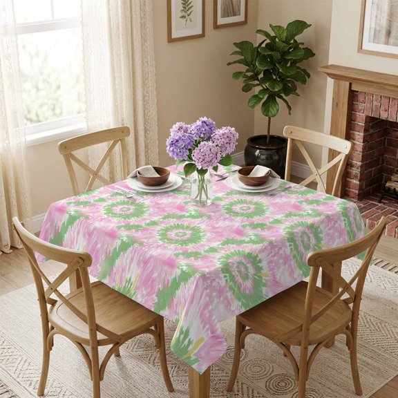 Pink Green Tie Dye Square Tablecloth 54x54 Inch Ombre Abstract Art Waterproof Polyester Tablecloth for Dining Table, Washable Table Cover for Kitchen Dining Room Wedding Decoration,Stain Resistant