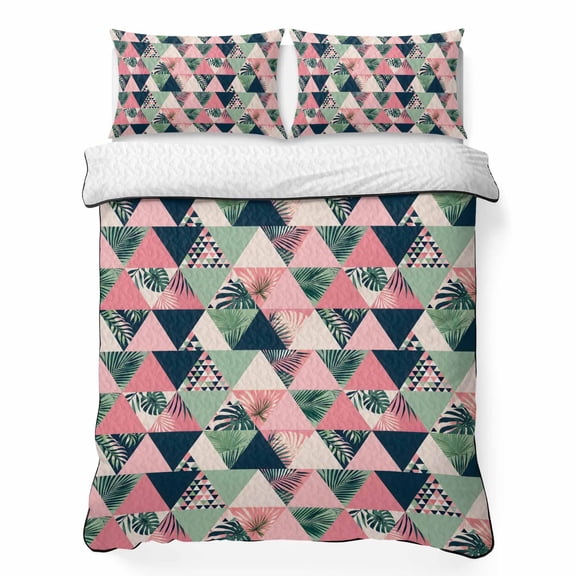 Pink Green Triangular 3 Piece Quilt Bedding Set with 2 Pillow Shams, Mosaic Aesthetic Tropical Palm Fronds Tropical Lightweight Bedspread Coverlet, Soft Breathable All Season Quilt, 96 x 106 Inch